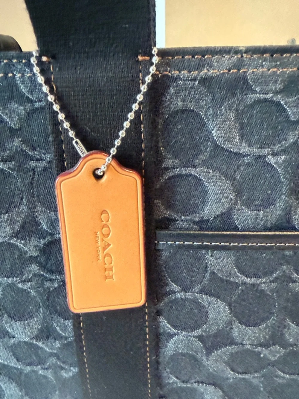 Coach Black Signature signature Smith Tote with Tan Leather Tag